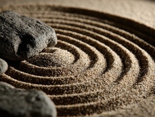 Rocks accent concentric sand circles in a minimalist zen garden, casting shadows