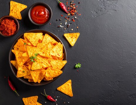 Spicy nacho chips with dip on a dark surface.