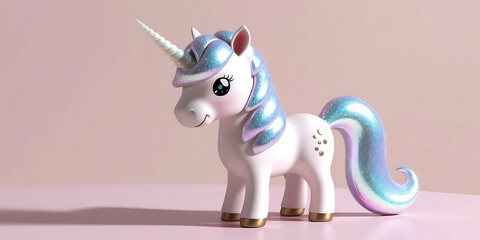 Pastel Toy Unicorn with Rainbow Mane on Pink Background

