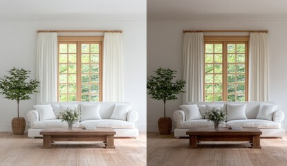 Interior design comparison, two lighting variations