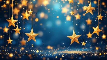 Sparkling golden stars with soft bokeh effect on deep blue background, ideal for celebration graphics, luxury invitations, festive greetings, and elegant digital projects