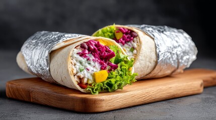 Delicious and Colorful Burrito Rolls with Vegetables, Rice, Beans, and Meat on Serving Board