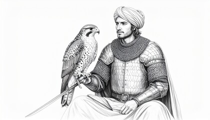 Fototapeta premium A grayscale drawing of a falconer, a man in medieval armor, holding a peregrine falcon.
