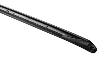 Close-up of a black, slightly curved,  rubber wiper blade