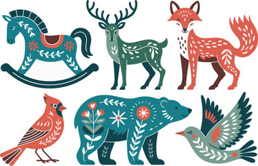 Illustrated rocking horse deer fox cardinal bear and bird with floral patterns on a white background