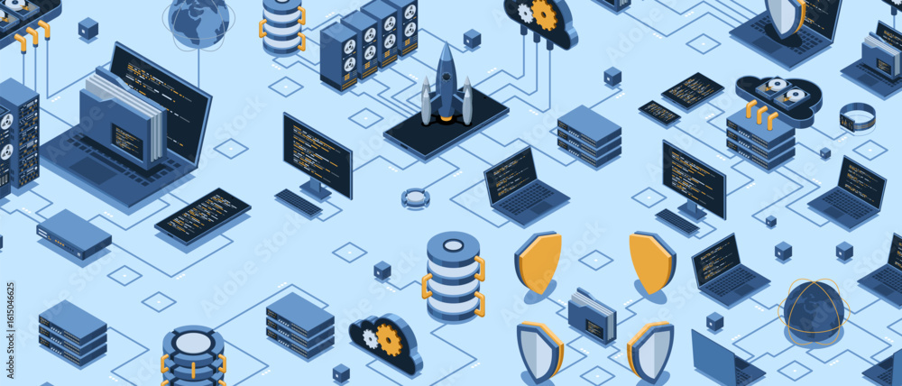 Poster isometric data network management. cloud storage data and synchronization of devices. networking, da