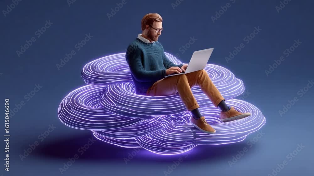 Poster tech-savvy luminary: a modern individual, seated on a cloud of illuminated data cables, engrossed in