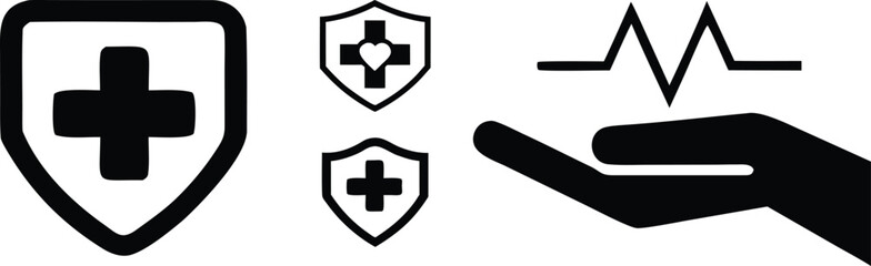 Obraz premium Medical cross shields and heart with electrocardiogram over hand health care vector bundle collection set pack object template elements icons clipart illustration editable flat minimal modern banner