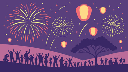 Silhouette of people watching fireworks and lanterns in the night sky celebration landscape scene design