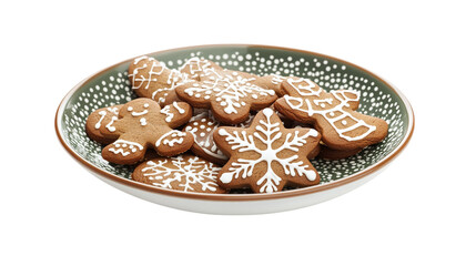 • A plate of gingerbread cookies with icing for Christmas, isolated on white background in HD