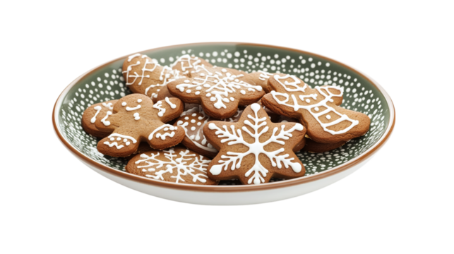 • A plate of gingerbread cookies with icing for Christmas, isolated on white background in HD 