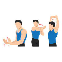 Man doing three key stretches targeting the arms, shoulders, and upper back. Flat vector illustration isolated on white background