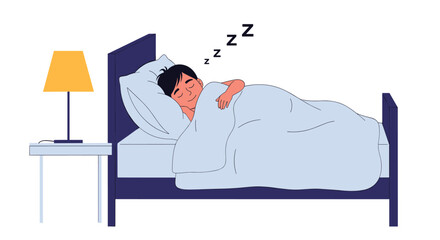 Person sleeping peacefully in a comfortable bed with a bedside table and lamp