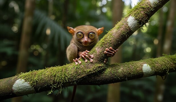 Adorable tarsier clinging to mossy branch in lush rainforest is perfect for conservation campaigns