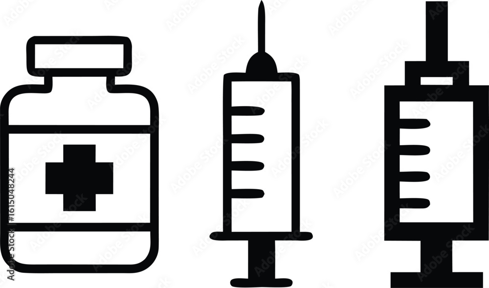 Poster medical vial and syringes injection health vector bundle collection set pack object template element