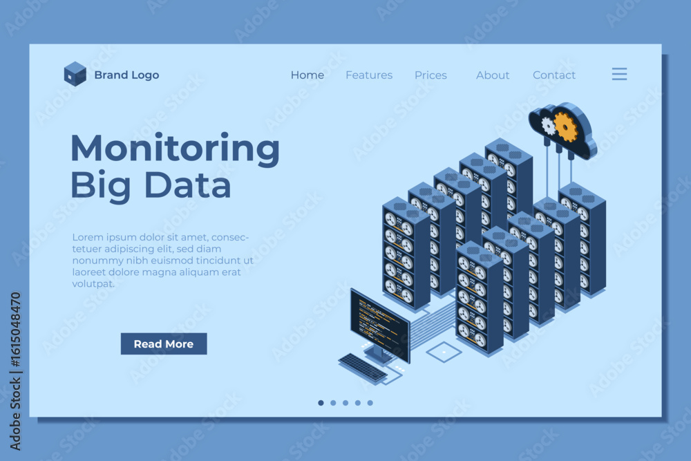 Poster isometric monitoring big data storage landing page. data transmission technology. online hosting tec
