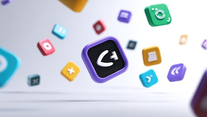Colorful 3D icons in various shapes and sizes, floating in mid-air against a light background