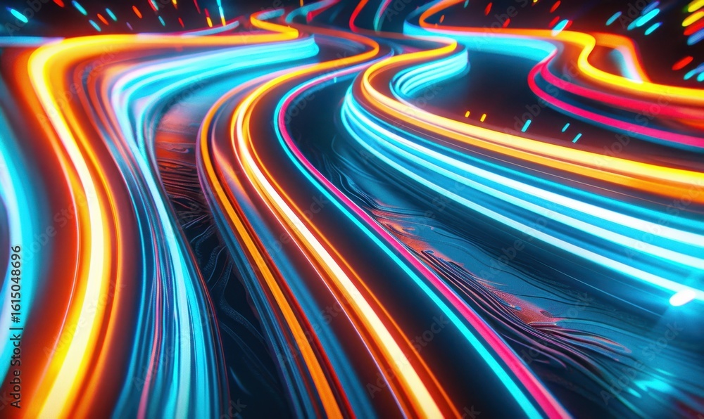 Poster abstract neon light trails streaming data visualization futuristic concept