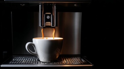 Coffee machine dispenses fresh brewed coffee into a waiting cup for your enjoyment