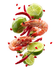 Lime,Shrimp and Red Chilli Ingredients Flying on Transparent Background.