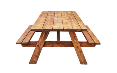 Wooden picnic table with benches on white background,png