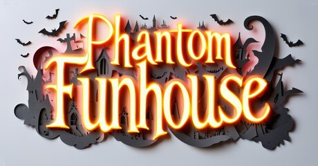 Haunted funhouse sign. Spooky lettering, silhouetted buildings, bats create eerie Halloween atmosphere. Dark tones dominate design.