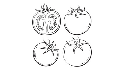 Hand-Drawn Tomato Set with Halved and Whole Tomatoes on Transparent Background Vector