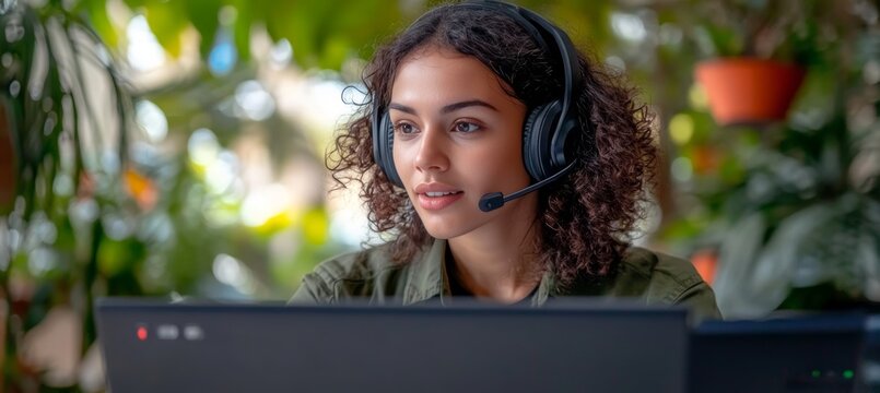 Focused Woman Working From Home Surrounded By Plants, Engaged In Online Meeting With Laptop