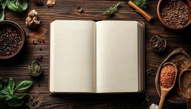Culinary Inspiration Open Notebook Surrounded by Fresh Herbs and Spices on Rustic Wooden Surface