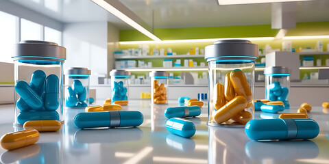 Modern Pharmacy with Blue and Yellow Capsules in Glass Jars on White Countertop

