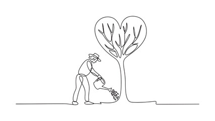 Continuous Line Drawing Gardener Watering Heart Shaped Tree Single Stroke Vector Illustration