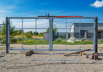 Unfinished metal gate frame under construction on a gravel surface with tools and materials...