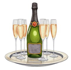 Watercolor bottle of champagne with flute glasses illustration 