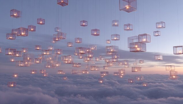 Floating cube lanterns above clouds