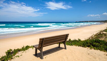 Serene beach view with a solitary bench overlooking ocean waves