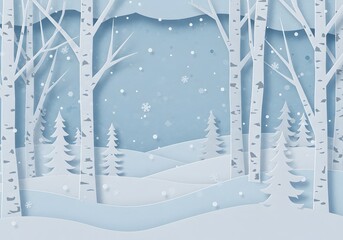 a winter landscape with white birch trees, snow-covered hills, trees with falling snowflakes against a light blue background. Merry Christmas, Snow forest. pines in winter and mountain Paper vector 