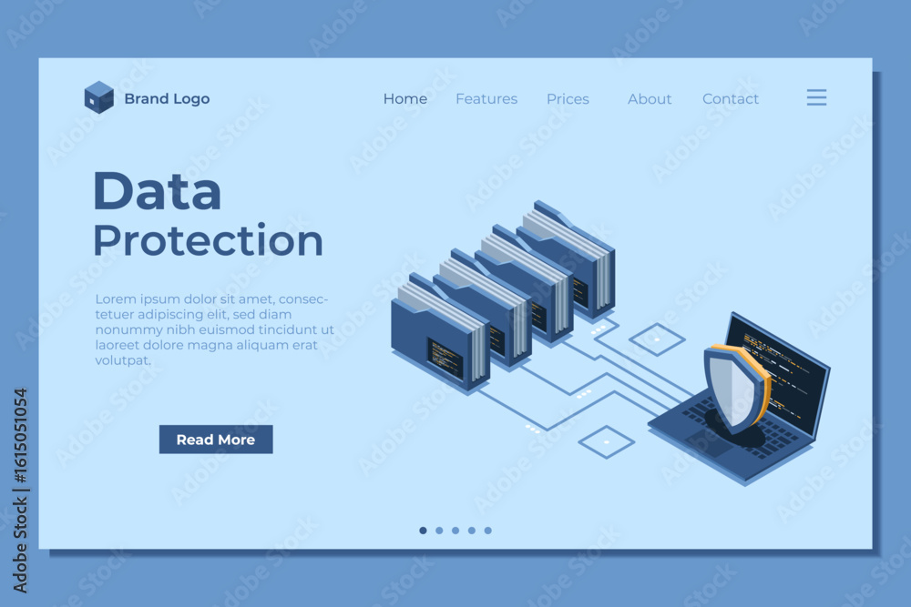 Poster isometric data protection with folder and laptop landing page. folder security. safe documents and f