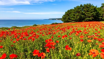 Fototapeta premium Coastal poppy field under blue sky