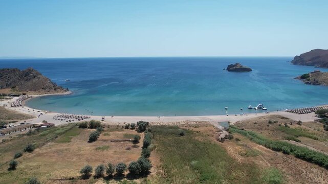 Thanos Beach in Limnos Island Greece, Aerial Pullback Shot Panoramic View