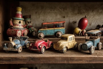 Row of aged, vintage toy cars and other toys sit on a dusty wooden shelf, antique