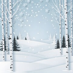 trees with falling snowflakes a light blue background. Merry christmas,Snow forest. pines in winter and mountain Paper vector Illustration a winter landscape with white birch trees, snow-covered hills