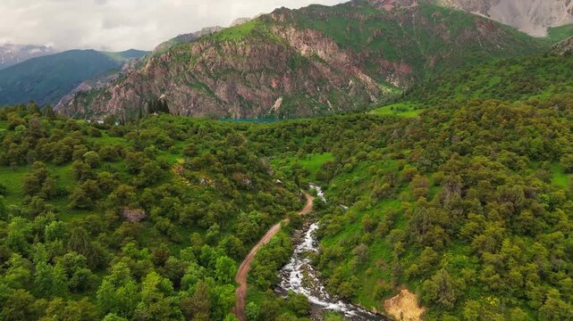 Stunning aerial footage of Sary-Chelek Lake, located in a mountainous region of western Kyrgyzstan