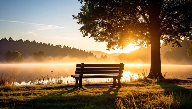 Serene sunrise over misty lake, bench beneath tree