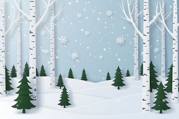 trees with falling snowflakes a light blue background. Merry christmas,Snow forest. pines in winter and mountain Paper vector Illustration a winter landscape with white birch trees, snow-covered hills