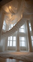 Whimsical white spiral staircase draped in sheer fabric