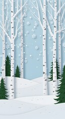 trees with falling snowflakes a light blue background. Merry christmas,Snow forest. pines in winter and mountain Paper vector Illustration a winter landscape with white birch trees, snow-covered hills