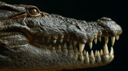 Obraz premium Up-close image of a Nile crocodile's mouth, emphasizing its rough-textured skin and sharp, jagged teeth. 