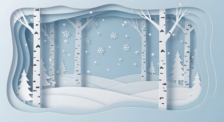 trees with falling snowflakes a light blue background. Merry christmas,Snow forest. pines in winter and mountain Paper vector Illustration a winter landscape with white birch trees, snow-covered hills