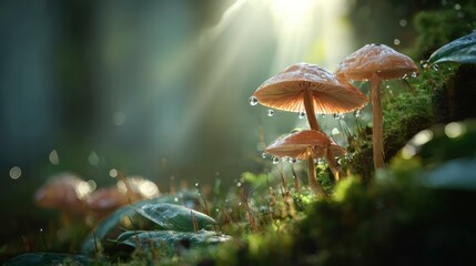 Fototapeta premium Close-up macro shot of edible mushrooms growing from mossy forest floor, morning dew drops, sun rays filtering