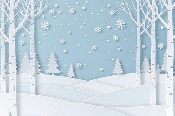 Merry christmas,Snow forest. pines in winter and mountain Paper vector Illustration a winter landscape with white birch trees, snow-covered hills, trees with falling snowflakes a light blue background
